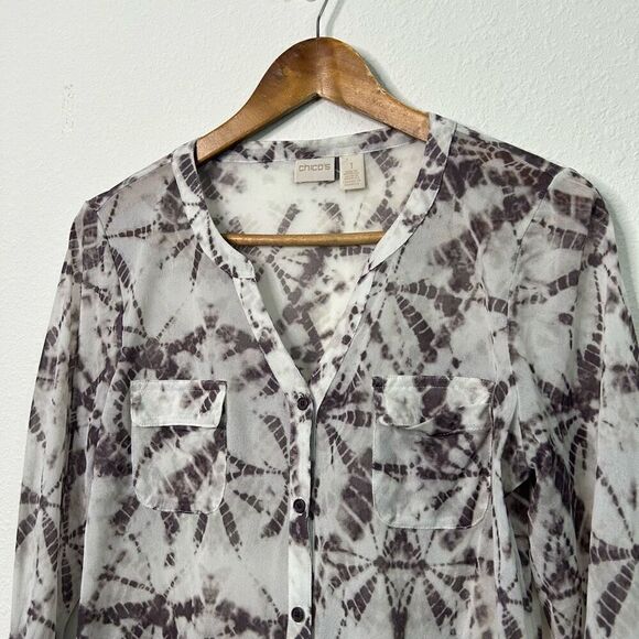 Chico’s Gray White Shibori Spot Tie-Front Sheer Shirt Mesh Women's Size 1 (M) - Picture 2 of 15